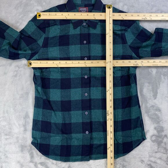 NWT Untuckit Women’s Size 2 Secoli Flannel Shirt Green Blue Plaid Button-Up Long - Picture 3 of 7